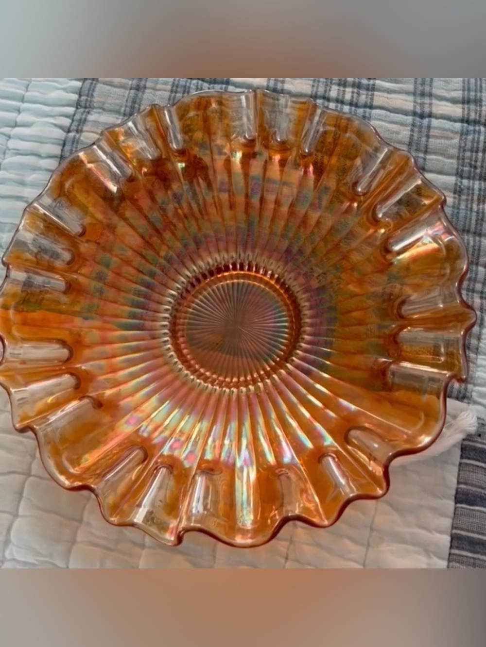 Vintage Fenton Stippled Rays Carnival Glass Bowl – Marigold Apricot Ruffled